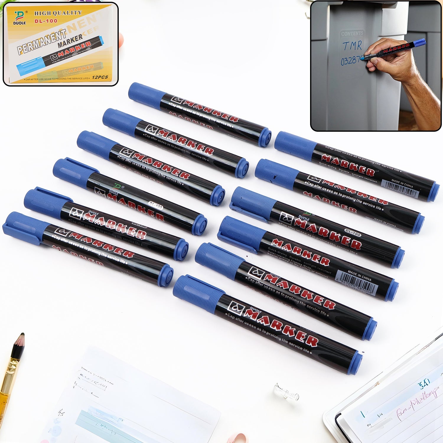 Packaged jumbo tip blue ink whiteboard marker for office and school use.