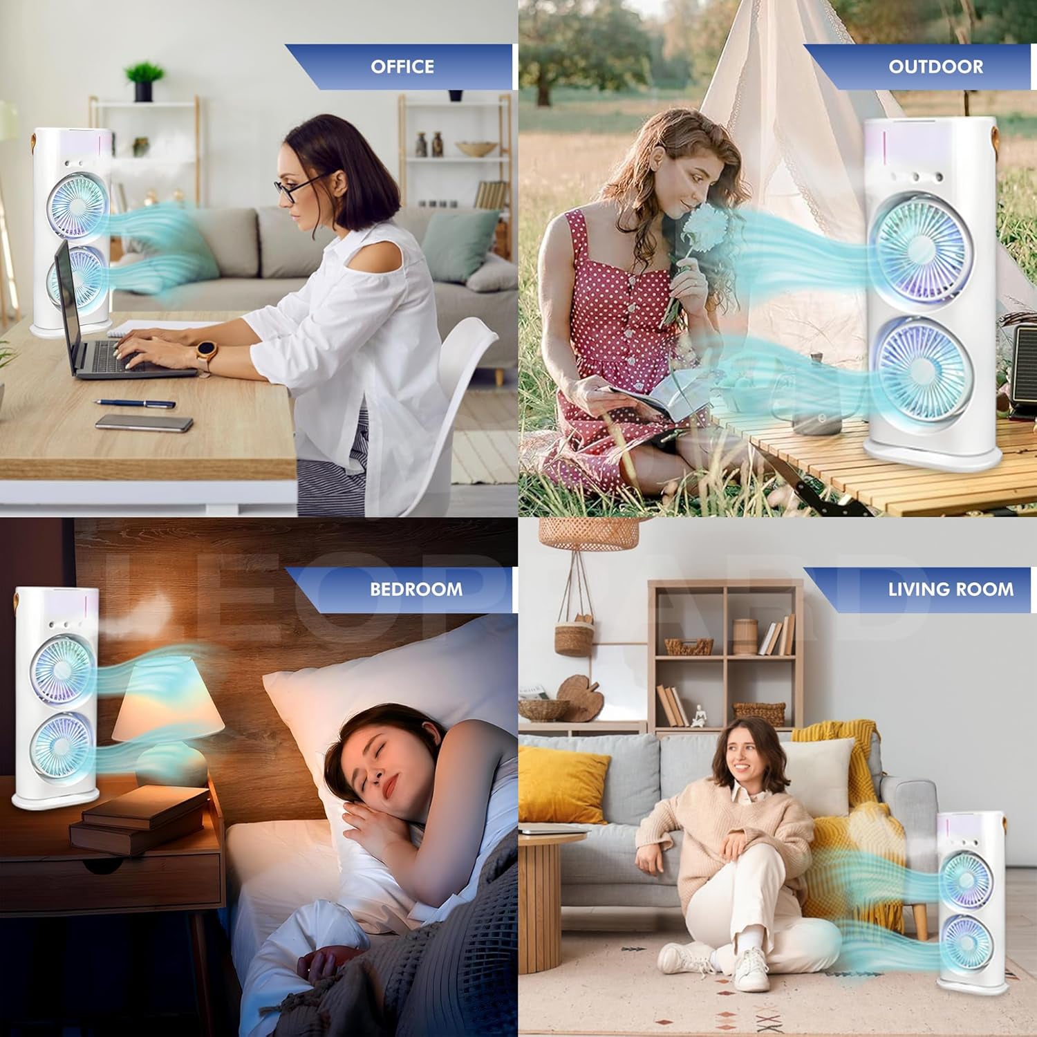 Lifestyle shot of the three-hole spray charging fan cooling a room