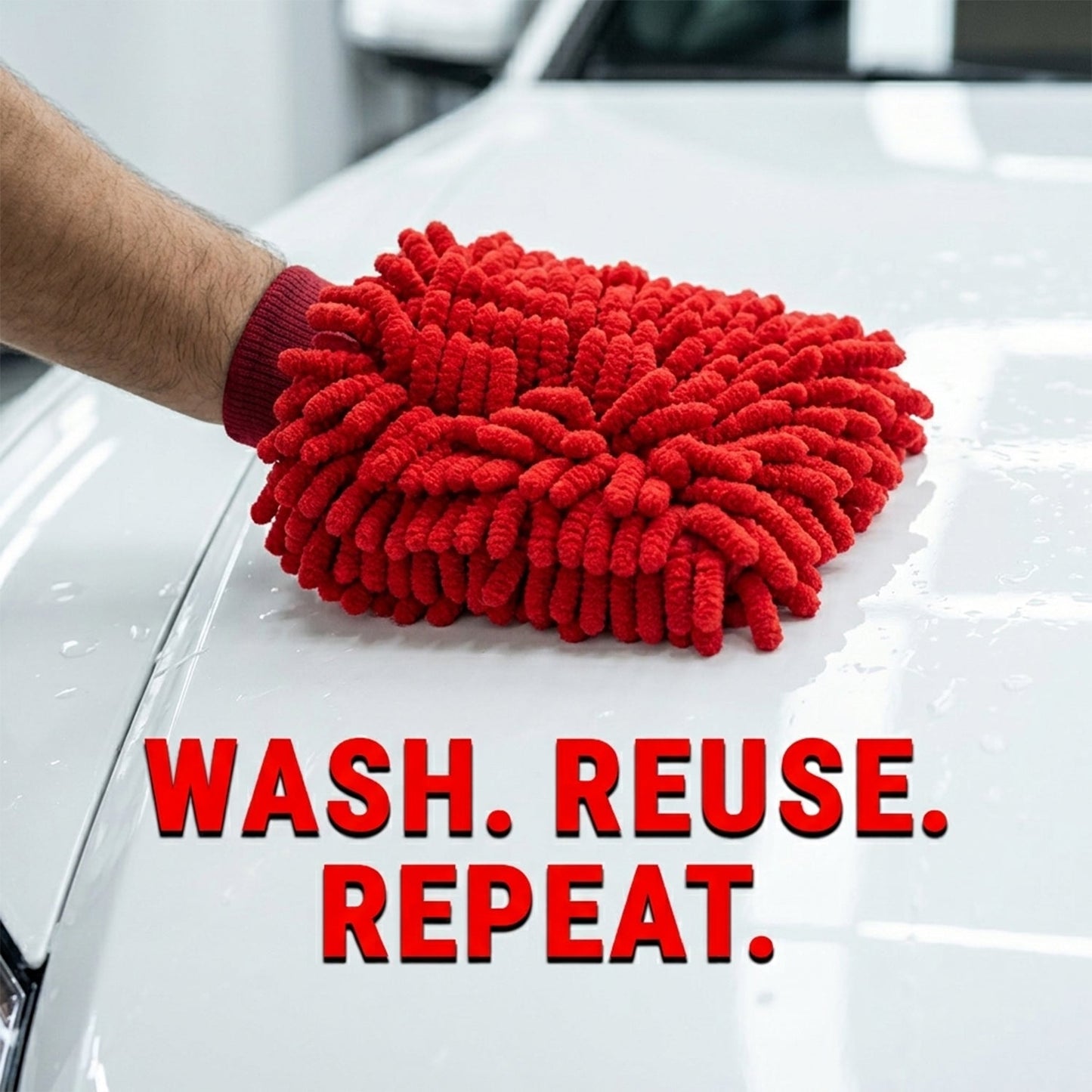 A person's hand in a red microfiber chenille wash glove on a white car hood, with text "WASH. REUSE. REPEAT." overlaid.