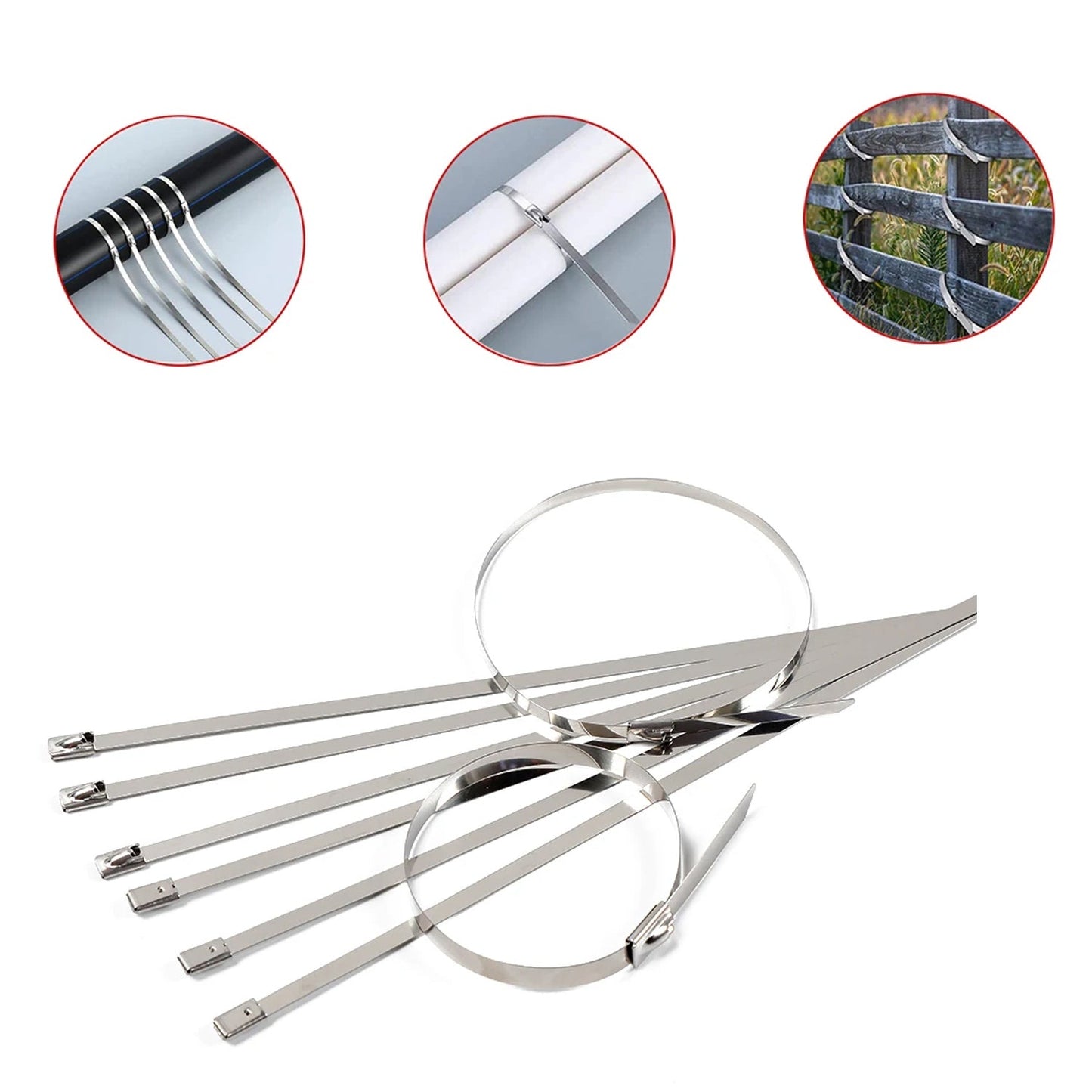 Plain background with a single stainless steel cable tie, highlighting its sleek design.