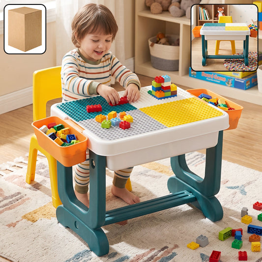 Kids building block activity table and chair set with storage bins (2 pc set)